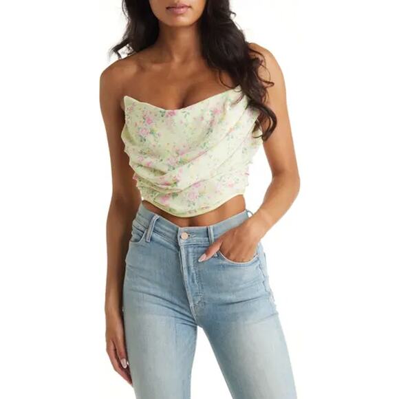 House of CB Vivienne Yellow Floral Strapless Drape Corset Bustier Crop Top XS - Picture 1 of 6